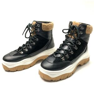 Women's Black Hiking Boots 7.5 Shearling-look Collar Lug Bottom D-ring Eyelets